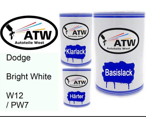 Dodge, Bright White, W12 / PW7: 500ml Lackdose + 500ml Klarlack + 250ml Härter - Set, von ATW Autoteile West.
